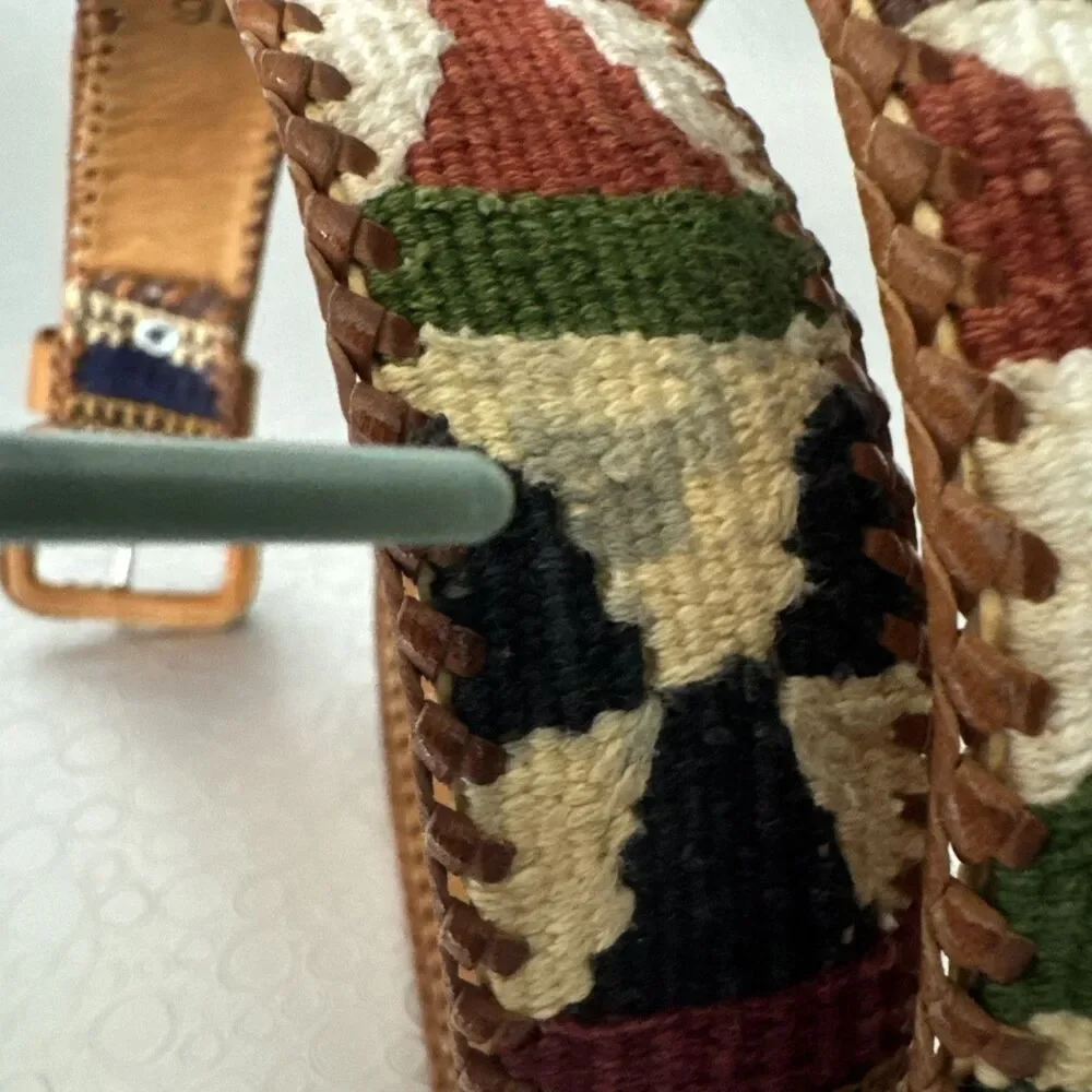 Vintage Handmade Guatemala Woven Belt 36 Cotton Leather Aztec Folk Art